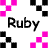 Pixelated of pink and black checkered patterns with two instances of the name "Ruby" in contrasting colors on a white background