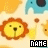 Pixelated animal-themed pattern with lions and elephants repeating across a light beige background, each icon labeled 'NAME' in black text on blue rectangles.