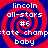 Four identical pixelated spiral icons with red and blue concentric rings, each containing white text reading 'lincoln all-stars #6 state champ baby' on a solid blue background.