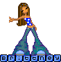 Pixelated cartoon woman with long brown hair in blue star-patterned top and teal flared pants, standing against gray background.