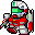 Four pixel-art frames of a red and white mecha with green visor, gray armor, and blue accents, shown in different poses against gray background.
