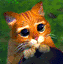 Pixelated orange tabby cat with large blue eyes and white muzzle, positioned against green background with visible dithering and color bleeding artifacts.