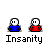 Pixel art of two figures in blue and red shirts with white heads, each labeled 'Insanity', in a with speech bubbles showing 'there', 'coming!', 'who?', and 'AHH!' across frames