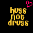 Yellow pixelated text 'hugs not drugs' on black background with pink heart above left text block.