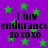 Purple background with green stars and repeated black text reading "I luv endurance xoxoxo" in a pattern
