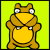 Pixelated brown cartoon character with large yellow belly and white eyes on bright green background, animated in showing arm movements