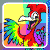 A 7-frame animated contact sheet of a rainbow-colored rooster mascot with red comb, white beak, and wide eyes against shifting pastel backgrounds.