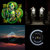 Four distinct static pixel art images arranged in a 2x2 grid: a green and yellow abstract shape, two white vertical bars, a sunset over water, and a spiral.