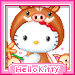 Hello Kitty character in brown animal costume with pig on head, holding green stem and orange flower, pink border text "HelloKitty".