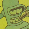 Green robot with grid-patterned mouth holding a brown bottle against yellow background.