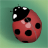 Pixelated red ladybug with black spots and a black head, white eyes, pink cheek patches on a green gradient background.