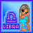 Two side-by-side pixel art frames of a Libra-themed AIM buddy icon featuring a blonde woman in a blue dress with the Libra symbol and text.