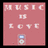A pink square icon with 'MUSIC IS LOVE' text and a music player graphic, showing animation frames where musical notes appear near the player.