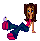 Pixel art of a girl with brown hair and blue eyes in pink top, dark green pants, red shoes, purple bird on shoulder; text changes across four