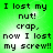 Green background with black pixelated text reading 'I lost my nut! crap, now I lost my screw!!' in four identical