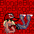 Pixelated static icon featuring a blonde woman in red cap and sunglasses holding an anchor against repeating 'Blonde' text background on solid red field.