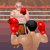 Two boxers in a ring, one standing with red gloves, the other kneeling with black gloves, both in brown shorts, against a striped background.