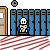 Pixel art contact sheet showing two frames of an animated icon: a character in front of lockers and green text reading "Original Icons .com" on dark background.