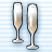 Two pixelated champagne flutes filled with light brown liquid against a blue and white striped background.