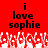 Red background with black text reading "i love sophie" and white pixelated shapes at the bottom.