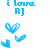 Blue pixelated text reads 'i love RJ' above three blue heart shapes on a white background.