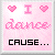 Pixelated pink background with text and symbols: two heart icons flanking a capital I, 'dance' in cursive, 'CAUSE...' below; adjacent frame shows 'I CAN'T fly' with stylized lettering.