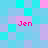 Pixelated of cyan, pink, and purple squares with four instances of pink text reading 'Jen' in different positions