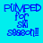 Four identical pixelated text on blue backgrounds with varying shades, each displaying 'PUMPED for ski season!!' in blocky blue letters
