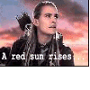 A person with long hair and a dark hooded garment stands against a sunset sky, with text changing from 'A red sun rises...' to 'blood has been spilt this night.'