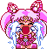 Pixel art character with pink hair in twin buns, white angel wings, and a red mouth open in crying expression against gray background.