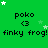 Green background with repeated 'poko <3' and 'finky frog!' text, white stars scattered across the image.