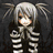 Pixelated anime-style character with silver pigtails and skeletal torso, surrounded by text fragments on black background.