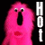 A pink fuzzy character with wide eyes and an open mouth appears in a , next to vertical text that alternates between white and pink lettering
