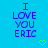 Blue background with pixelated purple text reading "I LOVE YOU ERIC" and two green heart outlines below the text.