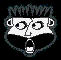 Pixelated cartoon face with spiky hair, wide eyes, and open mouth showing teeth on black background.