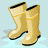 Pixelated static icon of a pair of yellow rain boots with black trim against a light blue background.