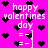 Pixelated pink background with black hearts and white text reading 'happy valentines day' in multiple instances, some characters partially obscured.