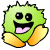 Pixelated green character with spiky outline, black eyes, wide open mouth showing pink tongue, yellow-orange limbs, static image.