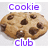 Six chocolate chip cookies arranged in two of three, each with 'Cookie' text above and 'Club' text below in varying colors