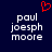 Two side-by-side pixelated text displays of 'paul joesph moore' with a red heart symbol above the left text block on a dark blue background.