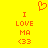 Yellow background with orange pixelated text and symbols arranged in two vertical , each containing 'I LOVE MA <33' beneath a heart symbol
