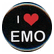 Circular black icon with red heart symbol and white text "I ❤️ EMO" on dark background.