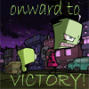 Animated sequence of green-skinned cartoon characters with large eyes and a small companion, set against a dark purple cityscape background.