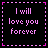 pixelated text-based icons with pink dotted borders on black backgrounds, displaying variations of 'I will love you forever' and 'I love Patrick' phrases