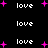 Black background with repeated white 'love' text and pink star shapes scattered across the frame.