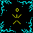Black background with four yellow stick figures and cyan pixelated lightning-like patterns.