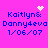 Pixelated icon with blue text on bright pink background showing 'Kaitlyn& Danny4eva 1/06/07' and animated white sparkles or hearts above the names.
