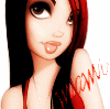 Pixelated cartoon-style image of a person with long dark hair and red highlights, wearing a sleeveless top, holding hand near chin.