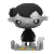 Animated character with black hair in various styles, gray face, black shirt, standing on grass with tombstones, showing facial expressions and small orange particle effects.