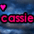 Pixelated text 'cassie' in bright pink with black outline over blue cloudy background, accompanied by four pink hearts at corners.
